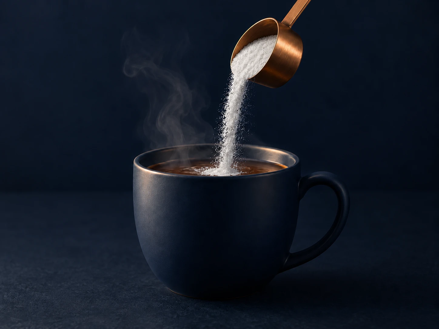 Powder pouring from a bronze scoop into a cup of tea