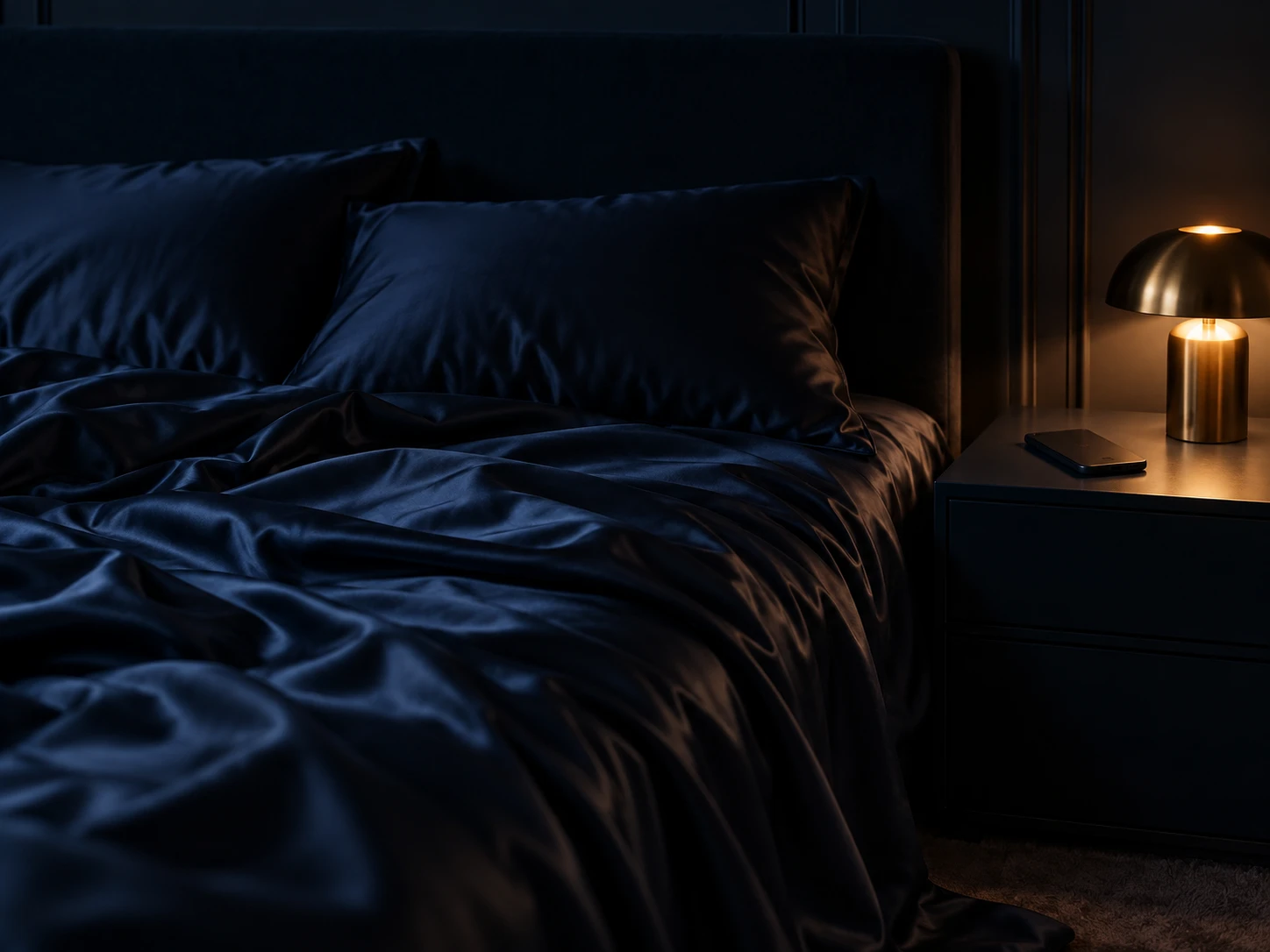A dim bedroom with a lamp glowing softly and a phone on the bedside table